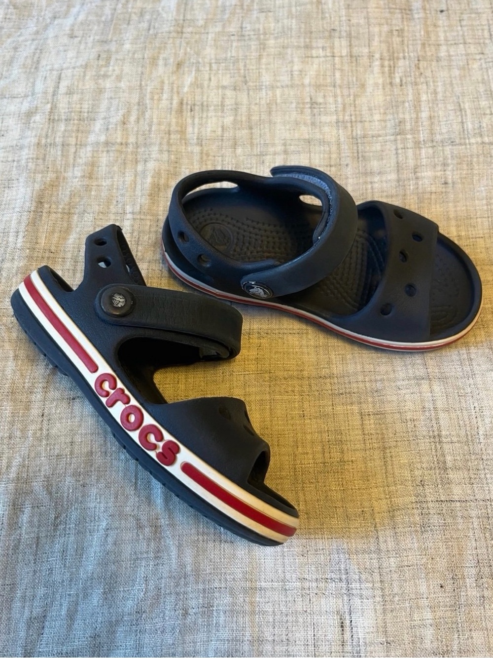 Crocs Kids' Navy Blue Strappy Sandals with Red & White Trim - toddler Sz 7